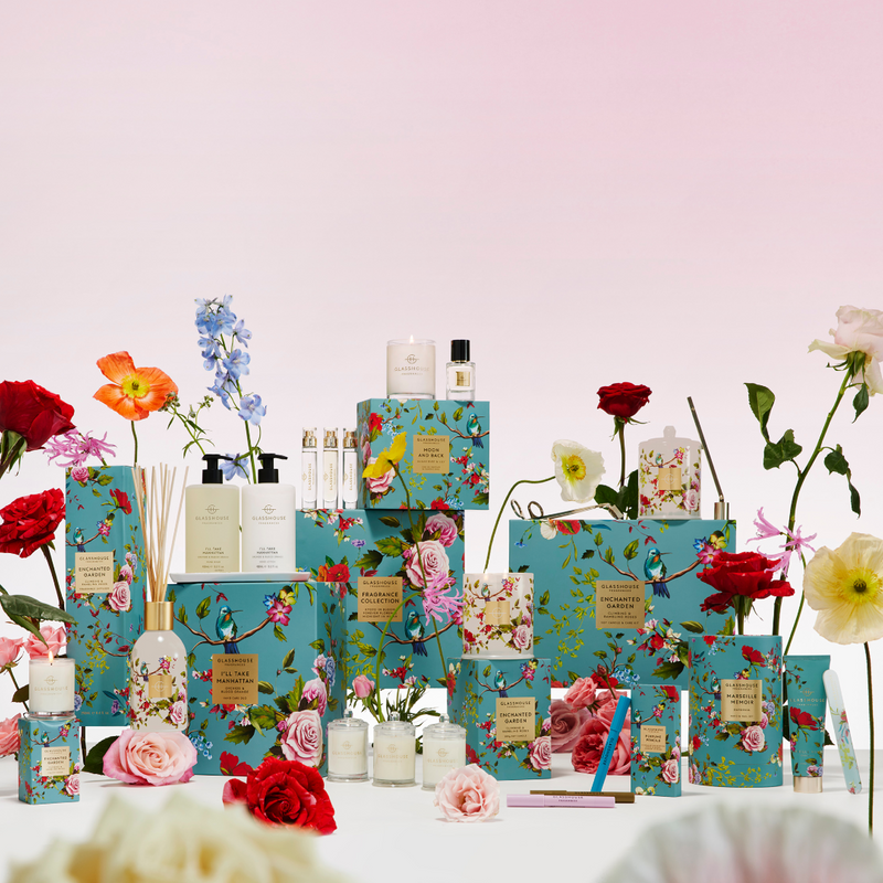 Glasshouse Fragrances ENCHANTED GARDEN Soy Candle & Care Kit Gift Set