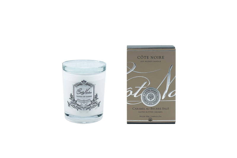 Cote Noire Candles - White Vessel with Silver Badge - Salted Butter Caramel