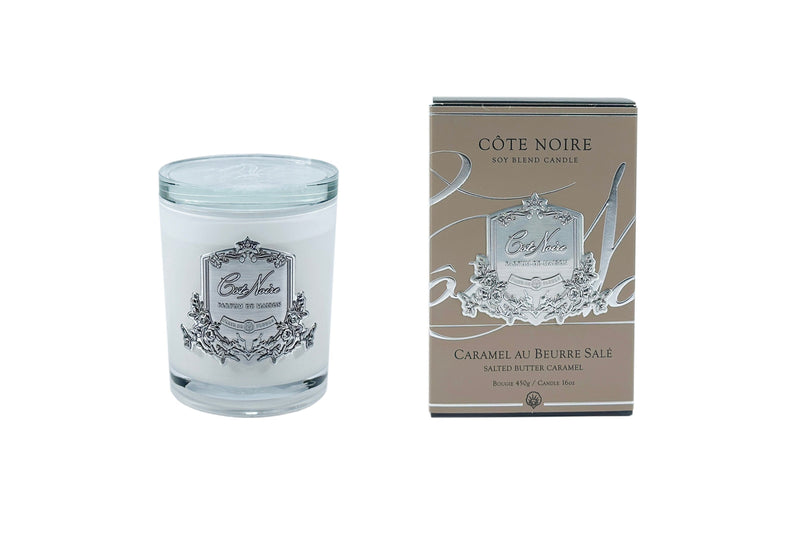 Cote Noire Candles - White Vessel with Silver Badge - Salted Butter Caramel