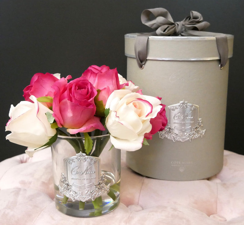 Cote Noire Premium Rose Bud Bouquet - Mixed Magenta & Blush - Clear Glass - MBS01