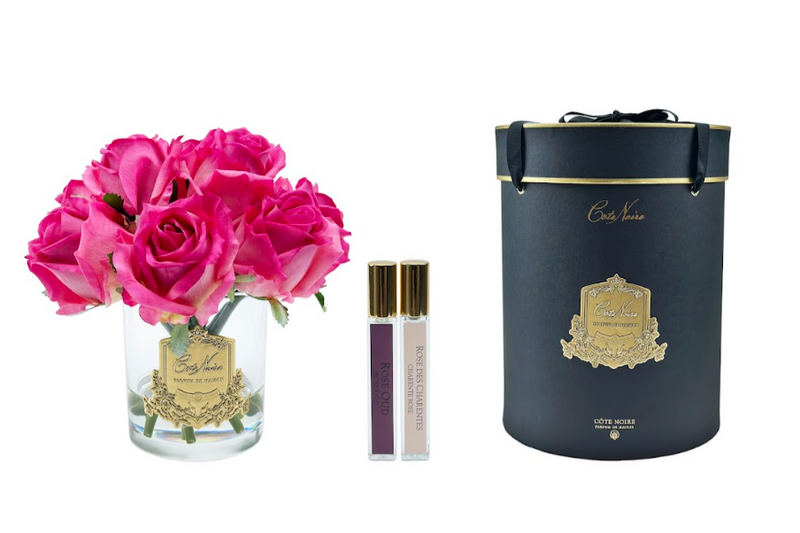 Cote Noire Premium Rose Bud Bouquet - Magenta - Clear - Gold Badge - GRB07