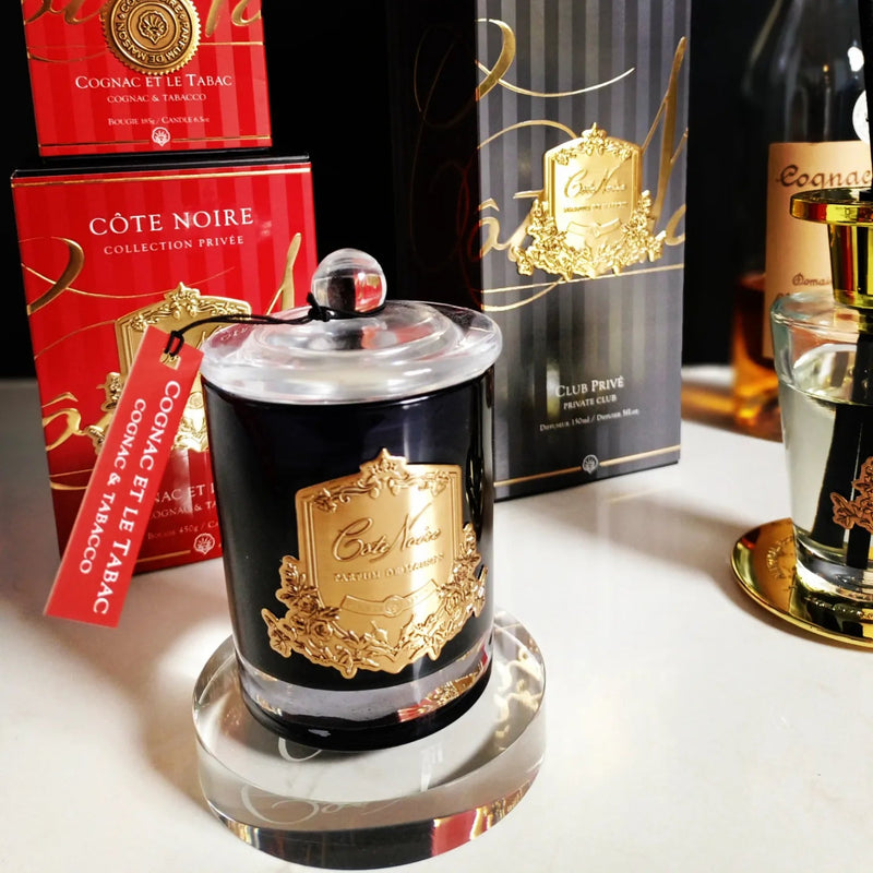 Cote Noire Candles - Dark Vessel with Gold Badge - Cognac & Tobacco GML18524