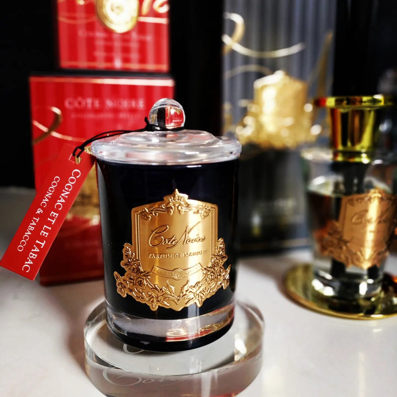 Cote Noire Candles - Dark Vessel with Gold Badge - Cognac & Tobacco GML18524