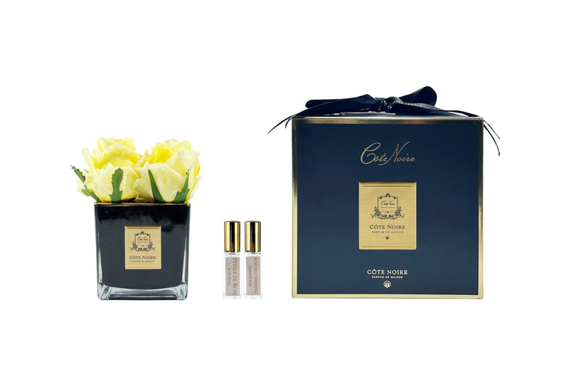 Cote Noire Couture 4 Rose Buds - Square Black Vase - Gold & Yellow - SVB408