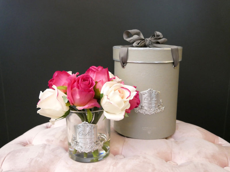 Cote Noire Premium Rose Bud Bouquet - Mixed Magenta & Blush - Clear Glass - MBS01