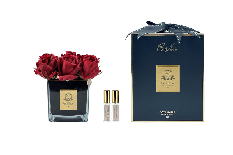 Cote Noire Couture 9 Rose Buds - Square Black Vase - Gold & Red - SVB904