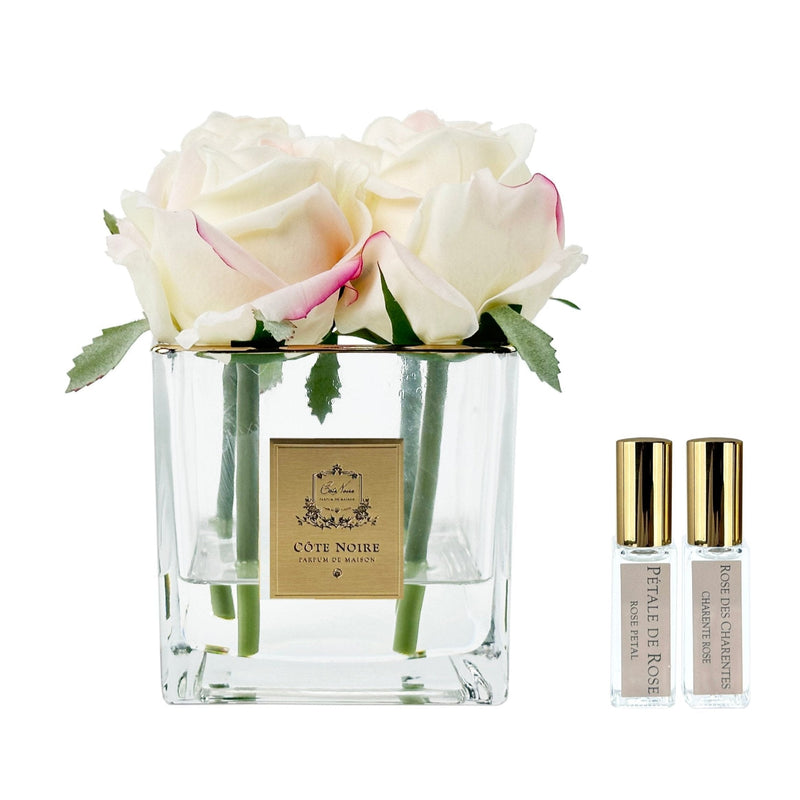 Cote Noire Couture 4 Rose Buds - Square Clear Vase - Gold & Pink Blush - SVC402- LIMITED