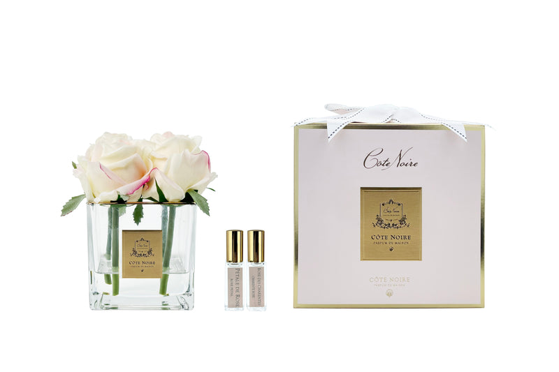 Cote Noire Couture 4 Rose Buds - Square Clear Vase - Gold & Pink Blush - SVC402- LIMITED