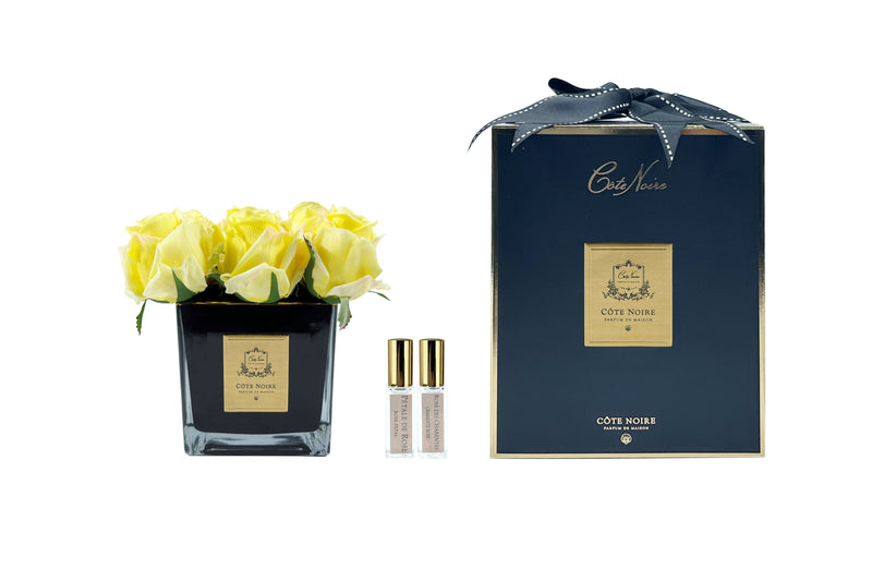 Cote Noire Couture 9 Rose Buds - Square Black Vase - Gold & Yellow - SVB908