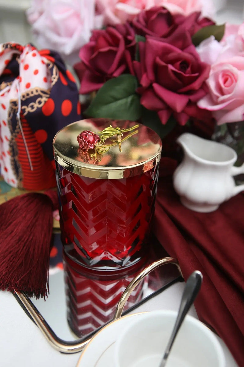 Cote Noire Herringbone Candle With Scarf Rose Oud - Red & Red Rose lid - HCG07 Cote Noire